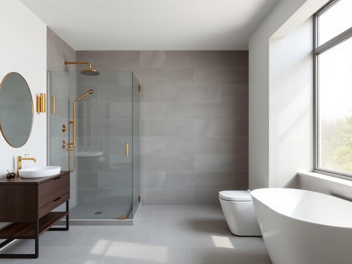 Renovated bathroom with grey tiles and walk-in glass shower