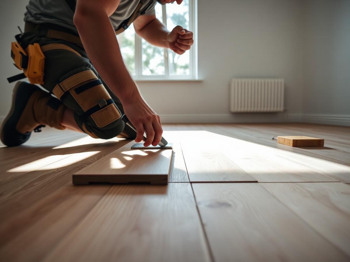 Engineered oak flooring being installed in a bright empty room