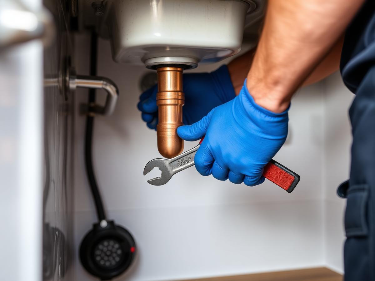 Copper pipework being fitted under a kitchen sink