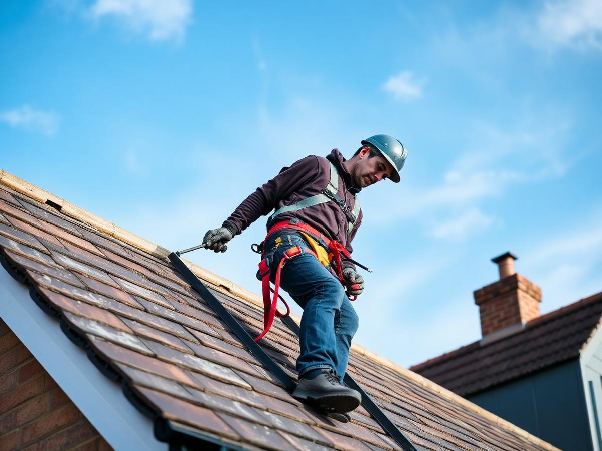 Roofer working on a pitched slate roof