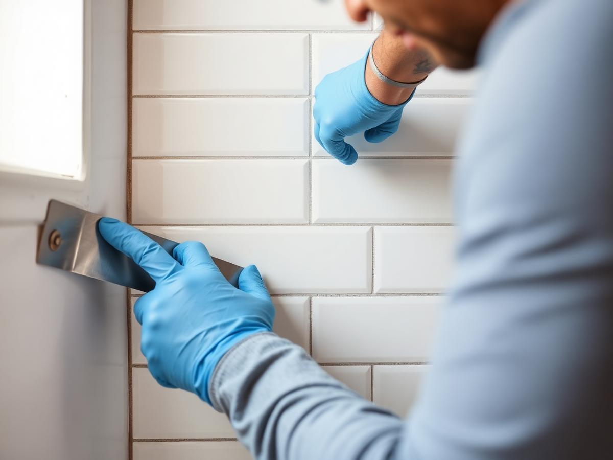 White metro tiles being fitted to a wall